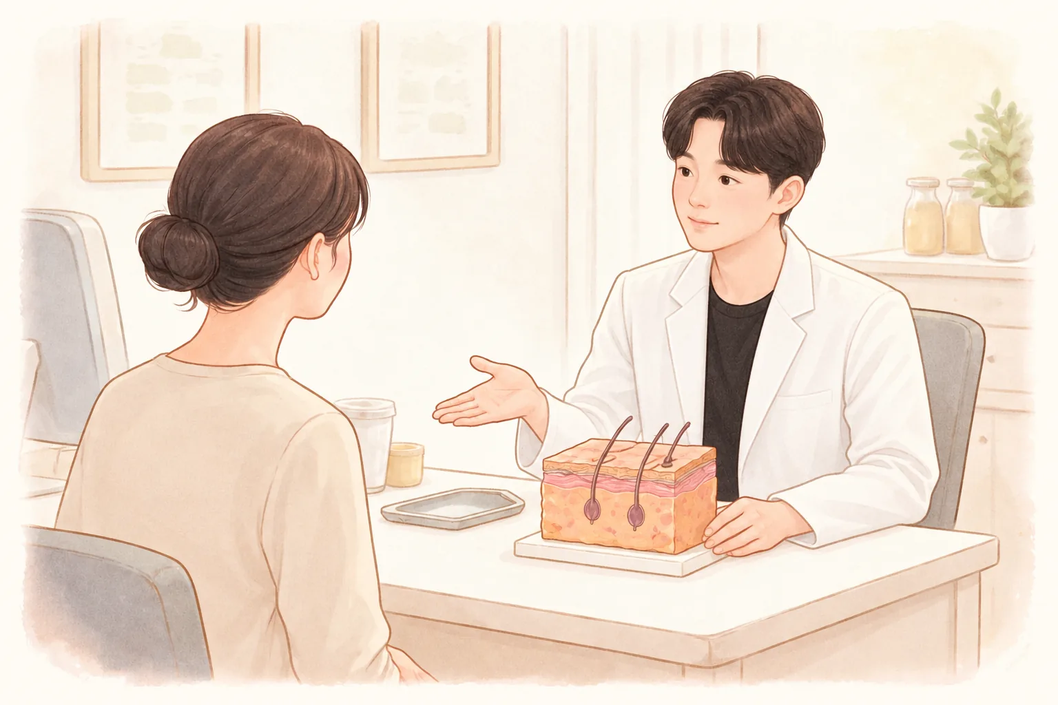 남성이 피부 단면 모형을 가리키며 여성과 상담하는 모습