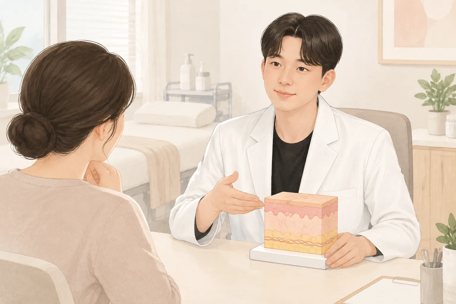 피부 단면 모형을 가리키며 여성과 상담하는 남성 의사와 환자