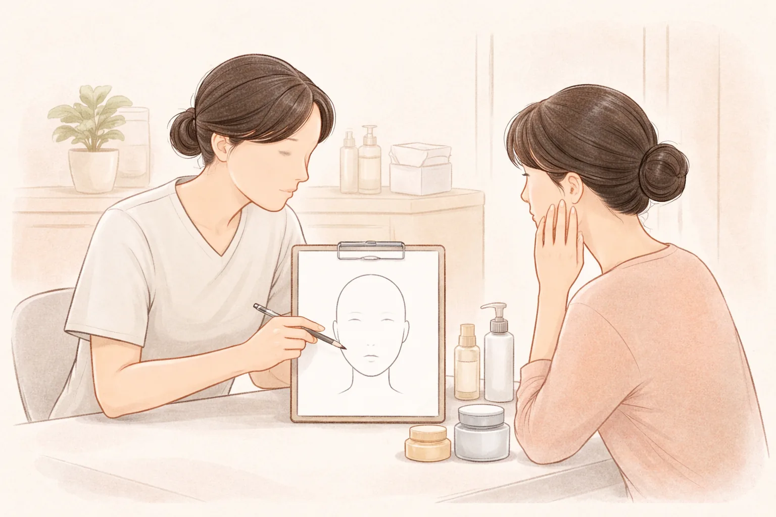 Tenaga medis menjelaskan sambil menunjuk gambar wajah kepada wanita di ruang konsultasi