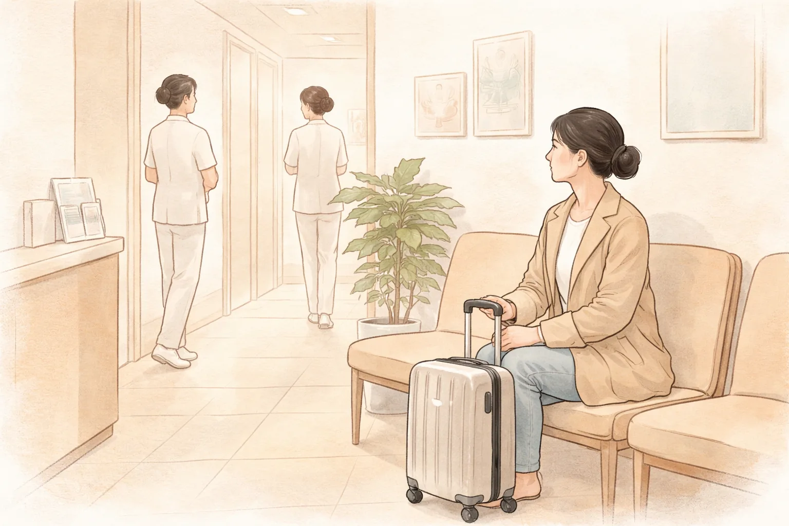 待合室の椅子にキャリーケースを立てて座る女性と廊下を歩く二人の医療スタッフ