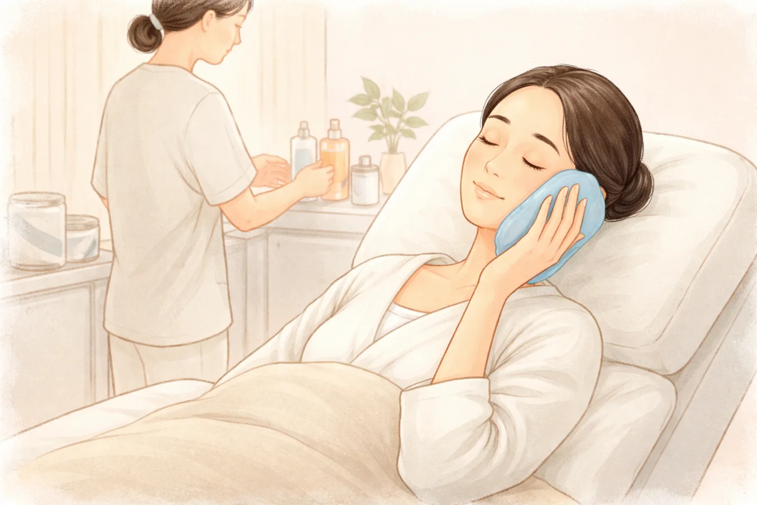 Woman lying on a bed with a cool pack on her cheek and staff standing behind