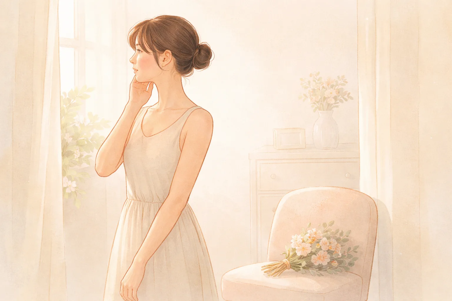 淡いドレスを着て左手で頬に触れ立つ女性と、花束が置かれた椅子