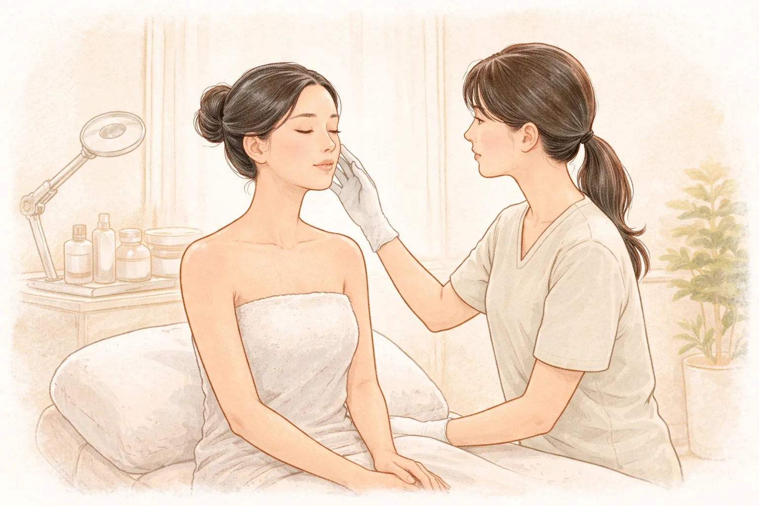 치료 침대에 앉아 있는 여성의 볼을 장갑 낀 의료진이 살펴보는 모습
