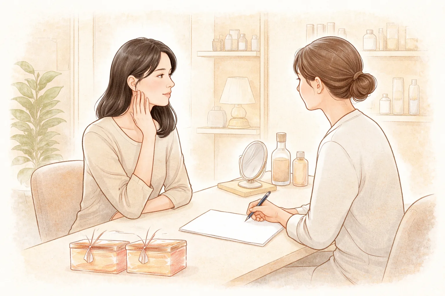 밝은 상담실에서 볼에 손을 댄 여성과 메모하며 대화하는 의료진