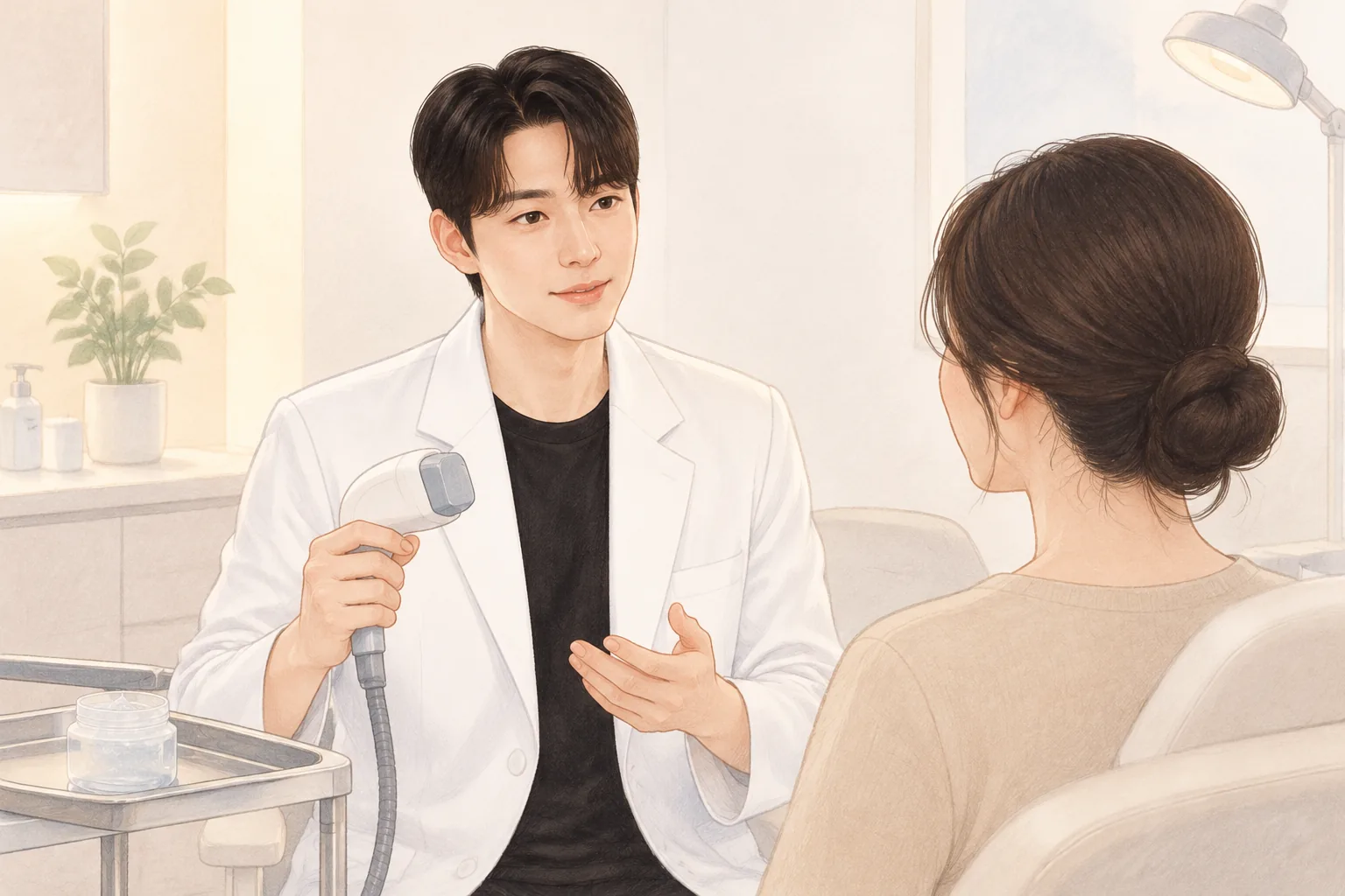 진료복을 입은 남성이 냉각 기기를 들고 여성과 대화하는 모습