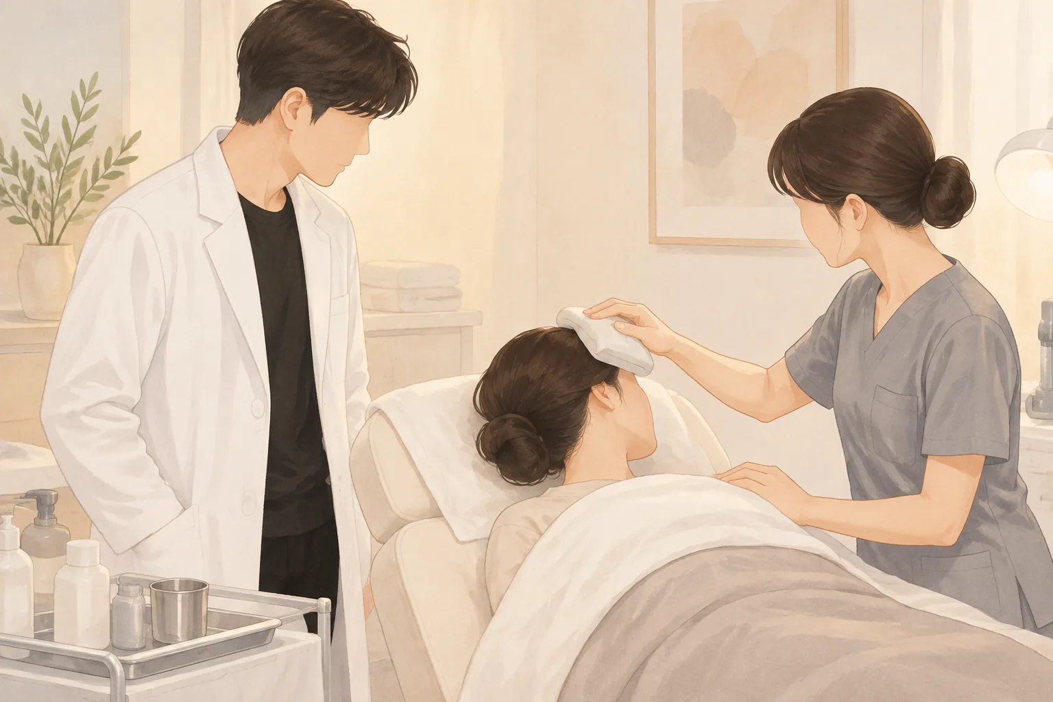 환자의 이마에 찜질 팩을 대는 간호사와 옆에서 지켜보는 남성 의료진