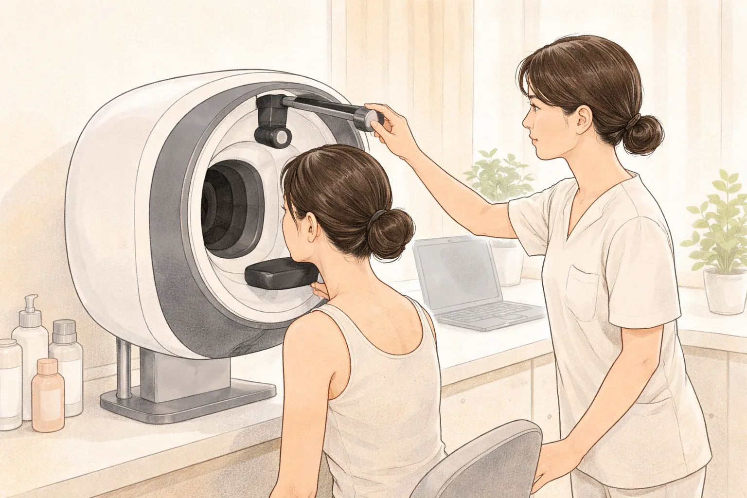 坐在皮肤分析仪前的女性,另一位女性在操作仪器