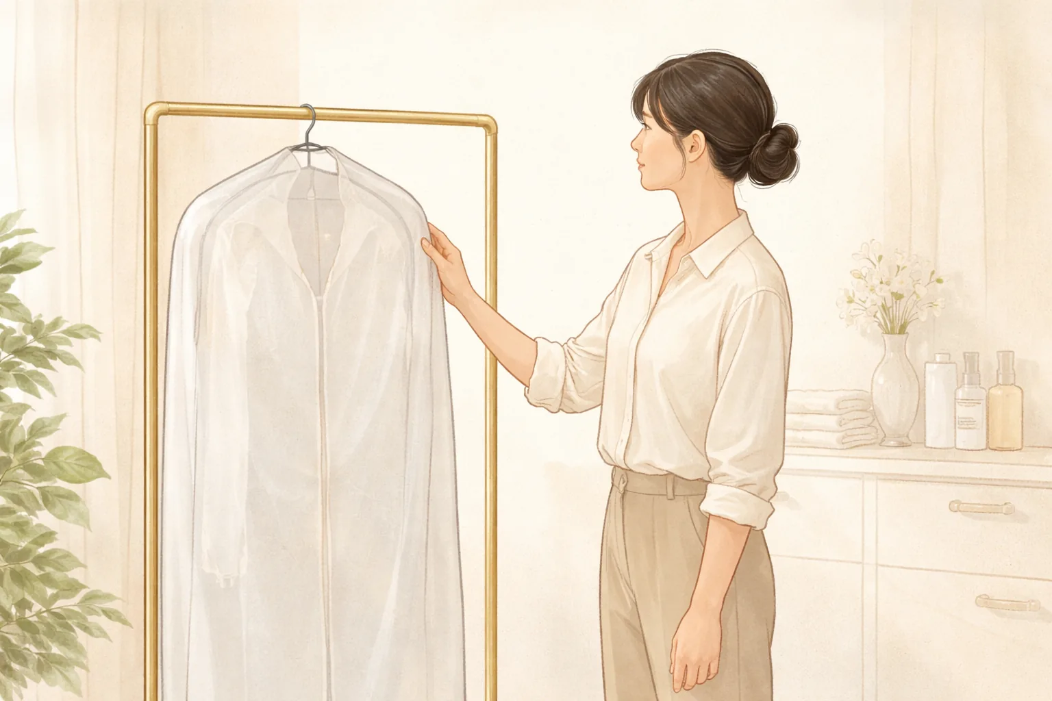 밝은 방에서 옷걸이에 걸린 의상 가방 옆에 서 있는 여성