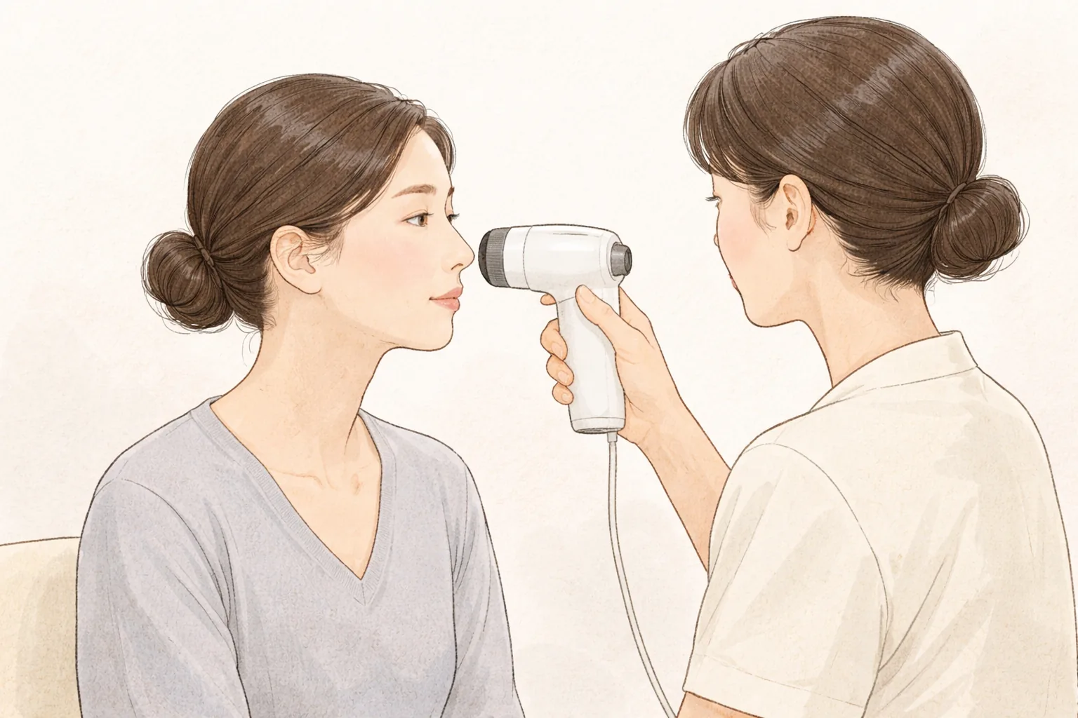 Personal médico sosteniendo una cámara de análisis de piel cerca de la mejilla de una mujer