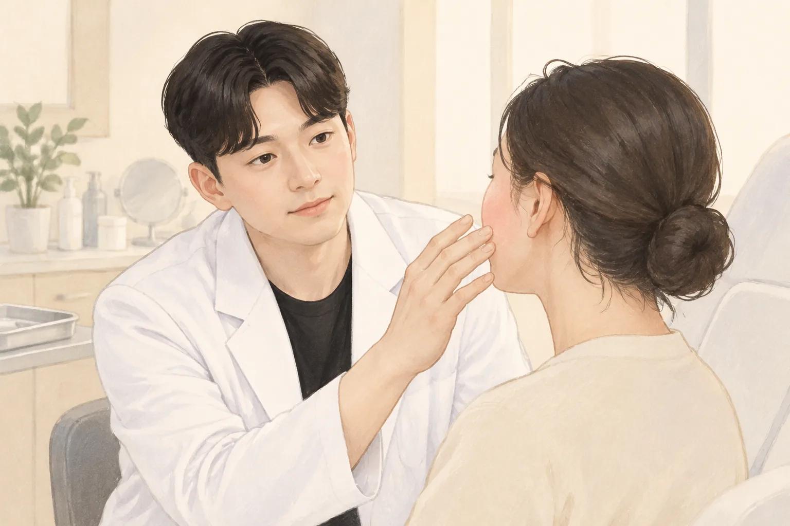 흰 가운을 입은 남성이 여성의 붉어진 볼을 살피는 모습
