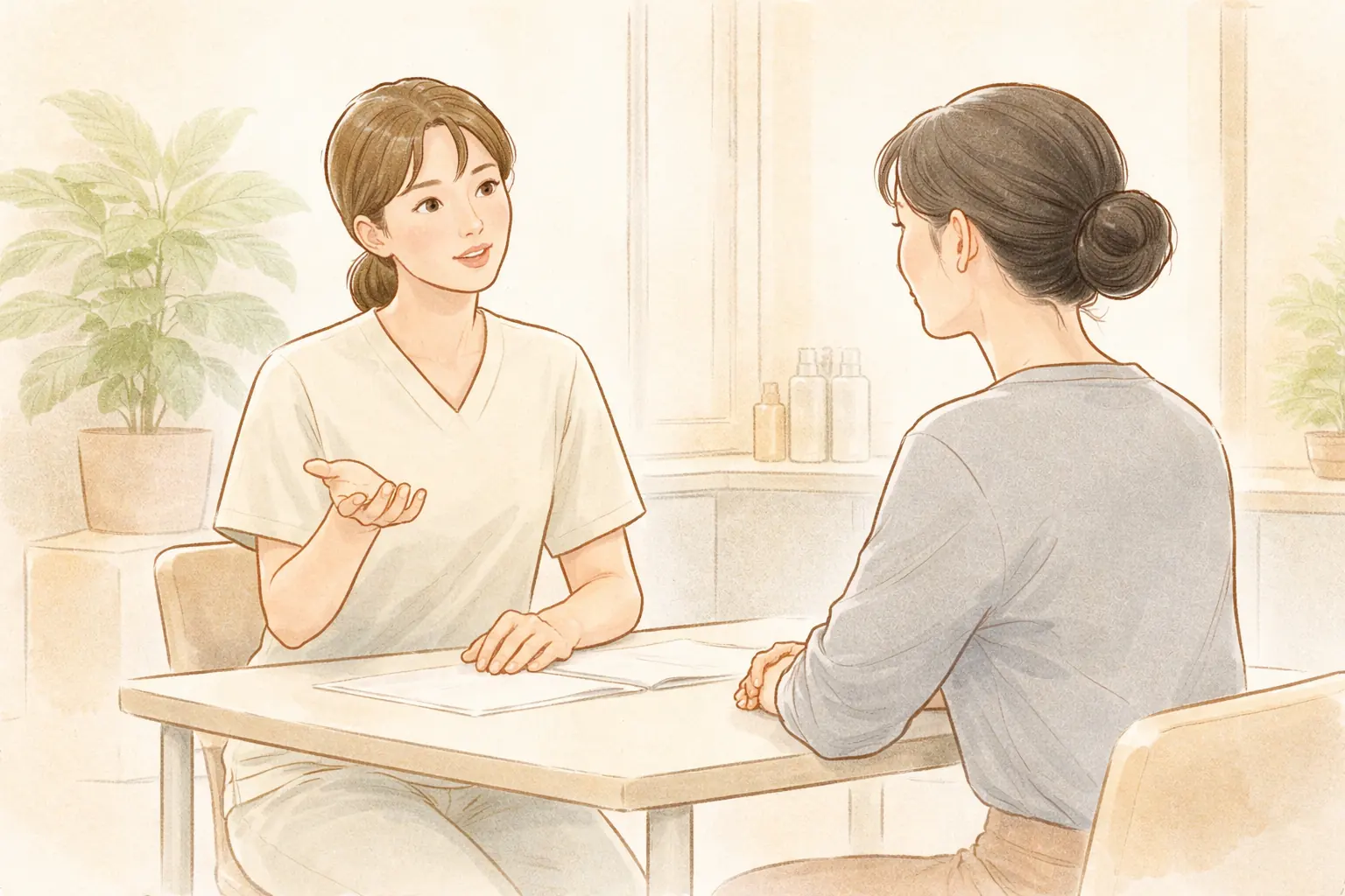 Personal médico explicando con las manos abiertas en una mesa a una mujer que escucha