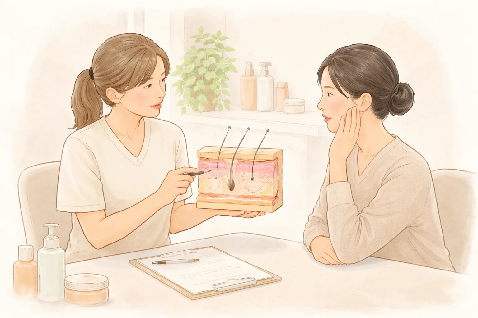 医療スタッフが肌の模型を指しながら女性に説明する場面