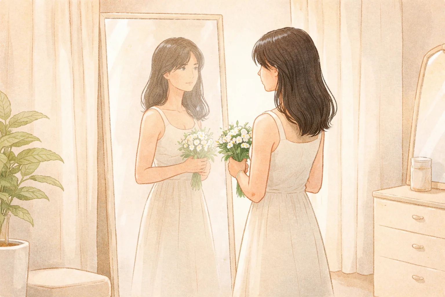 Woman with long hair in a white dress holding a small bouquet in front of a mirror