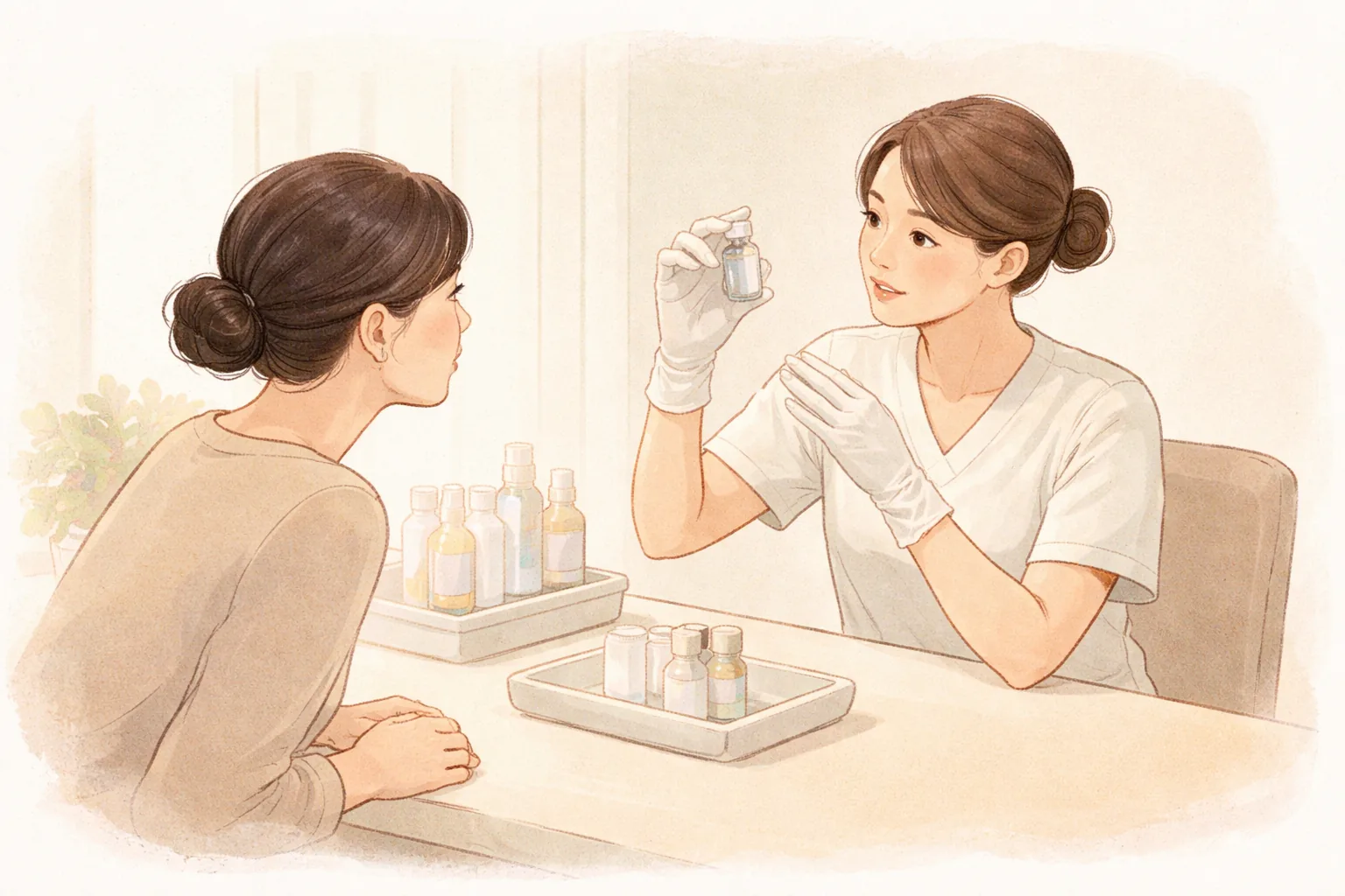 상담실에서 작은 유리병을 들고 설명하는 여성과 듣는 여성