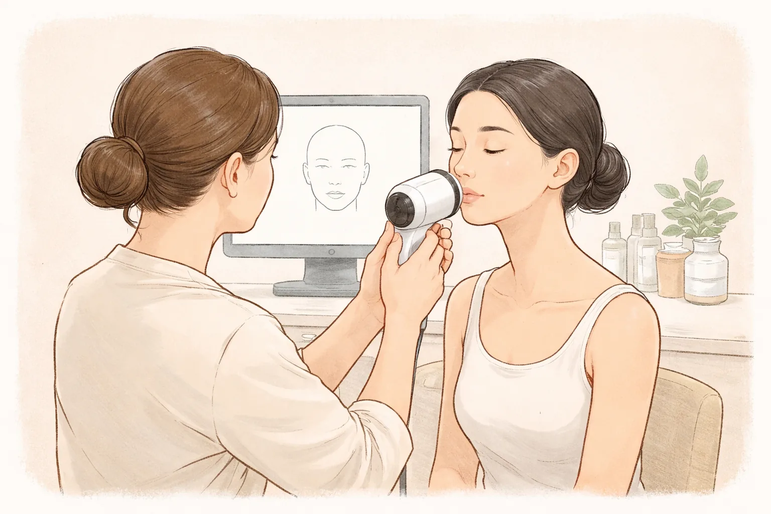 医护人员用皮肤分析仪拍摄女性面颊