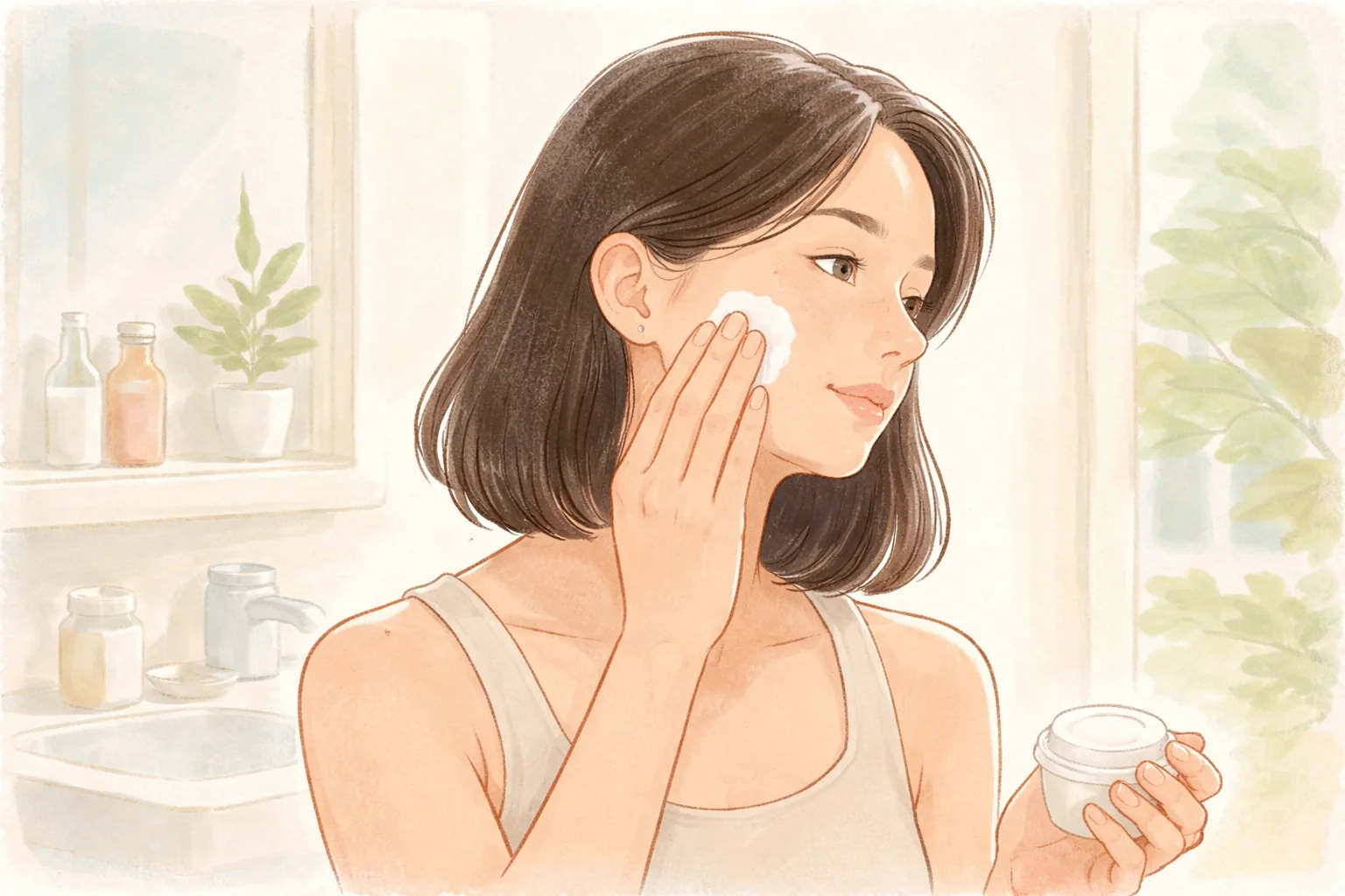 女性在明亮浴室將保濕品塗抹於臉頰