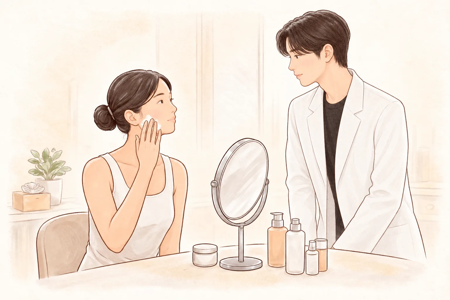 거울 앞에 앉아 손으로 볼에 보습제를 바르는 여성과 옆에서 지켜보는 남성