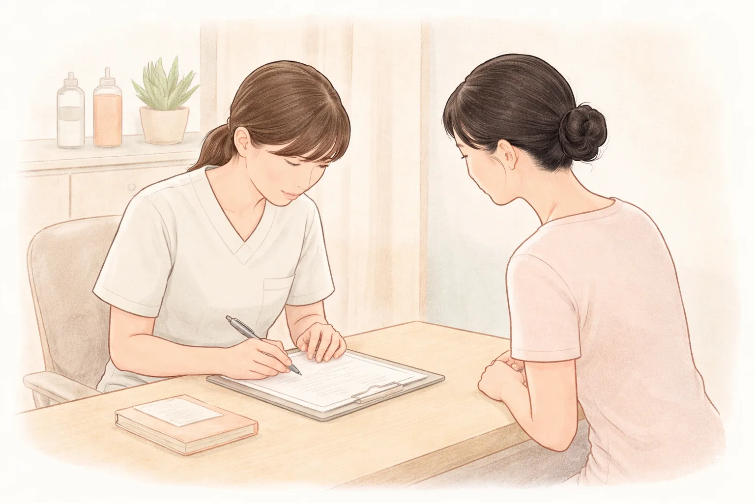A clinician at a desk reviewing medical records with a female patient