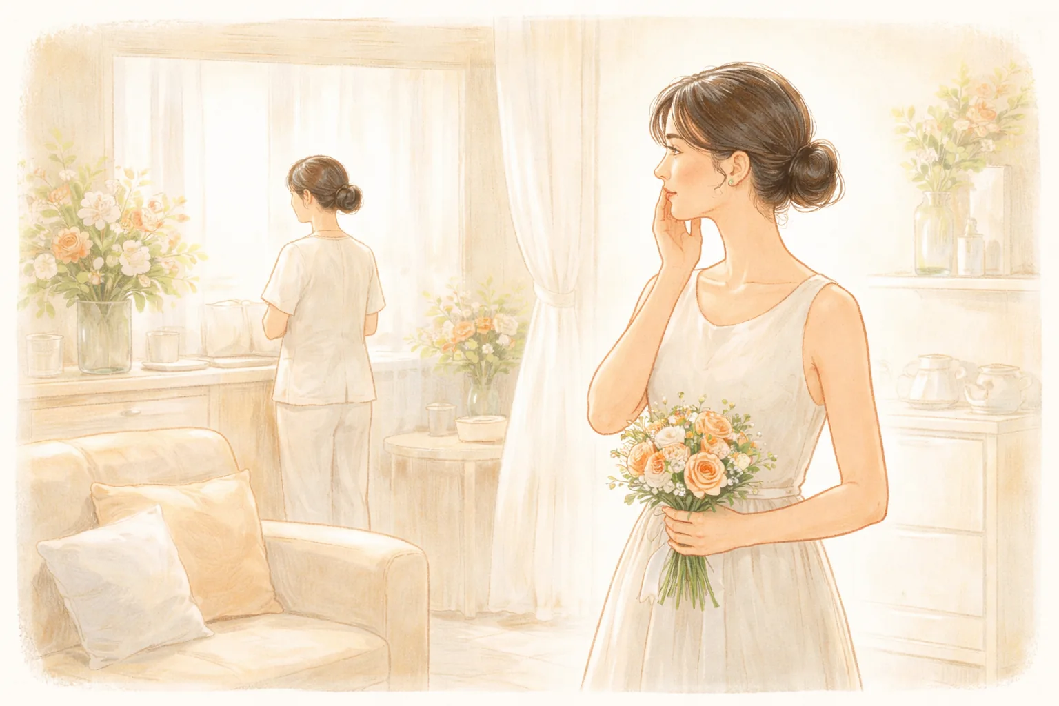 꽃다발을 들고 볼에 손을 댄 흰 드레스 여성과 창문 앞에 선 다른 여성