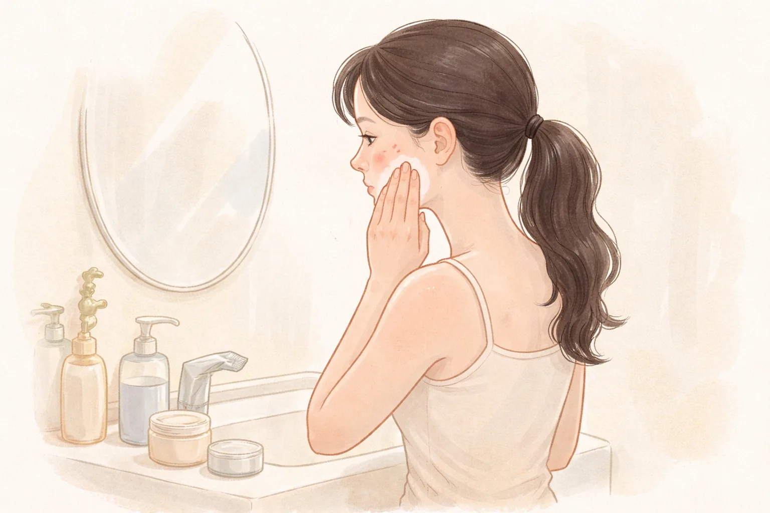 거울 앞에서 볼에 크림을 바르는 머리 묶은 여성