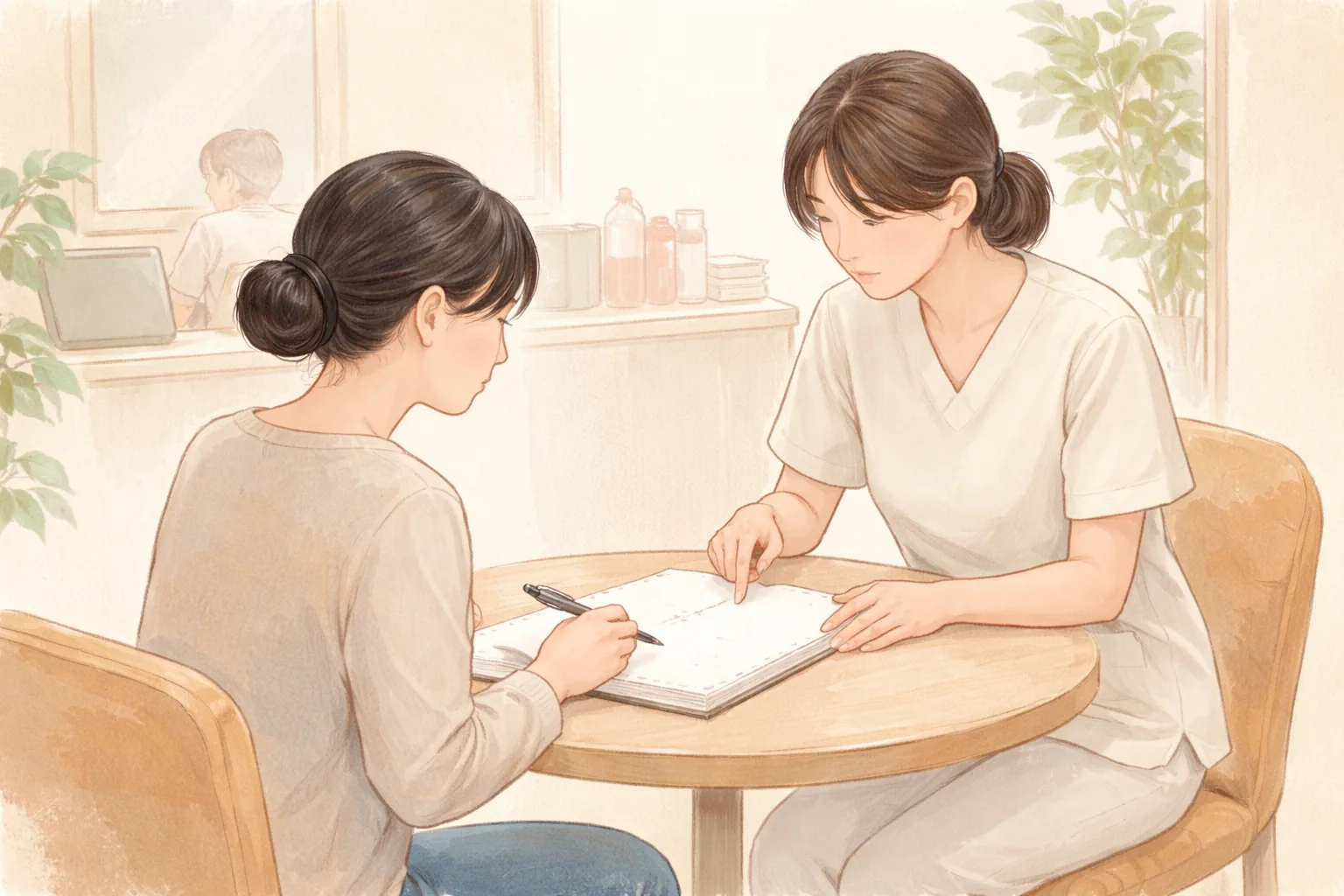 책상에 앉아 빈 노트에 펜을 든 여성과 옆에서 가리키는 의료진