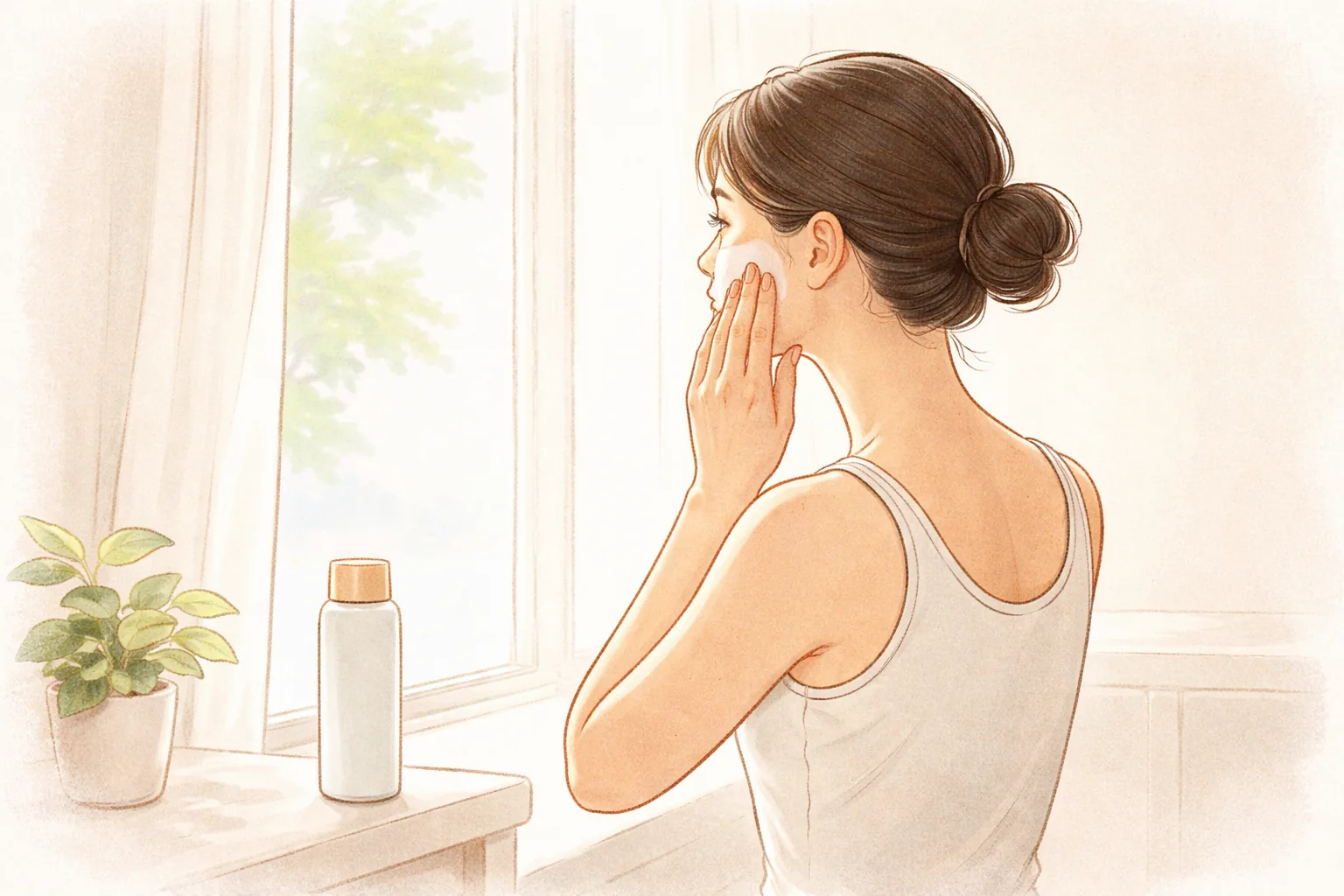 女性が窓辺で手で頬に塗っている様子