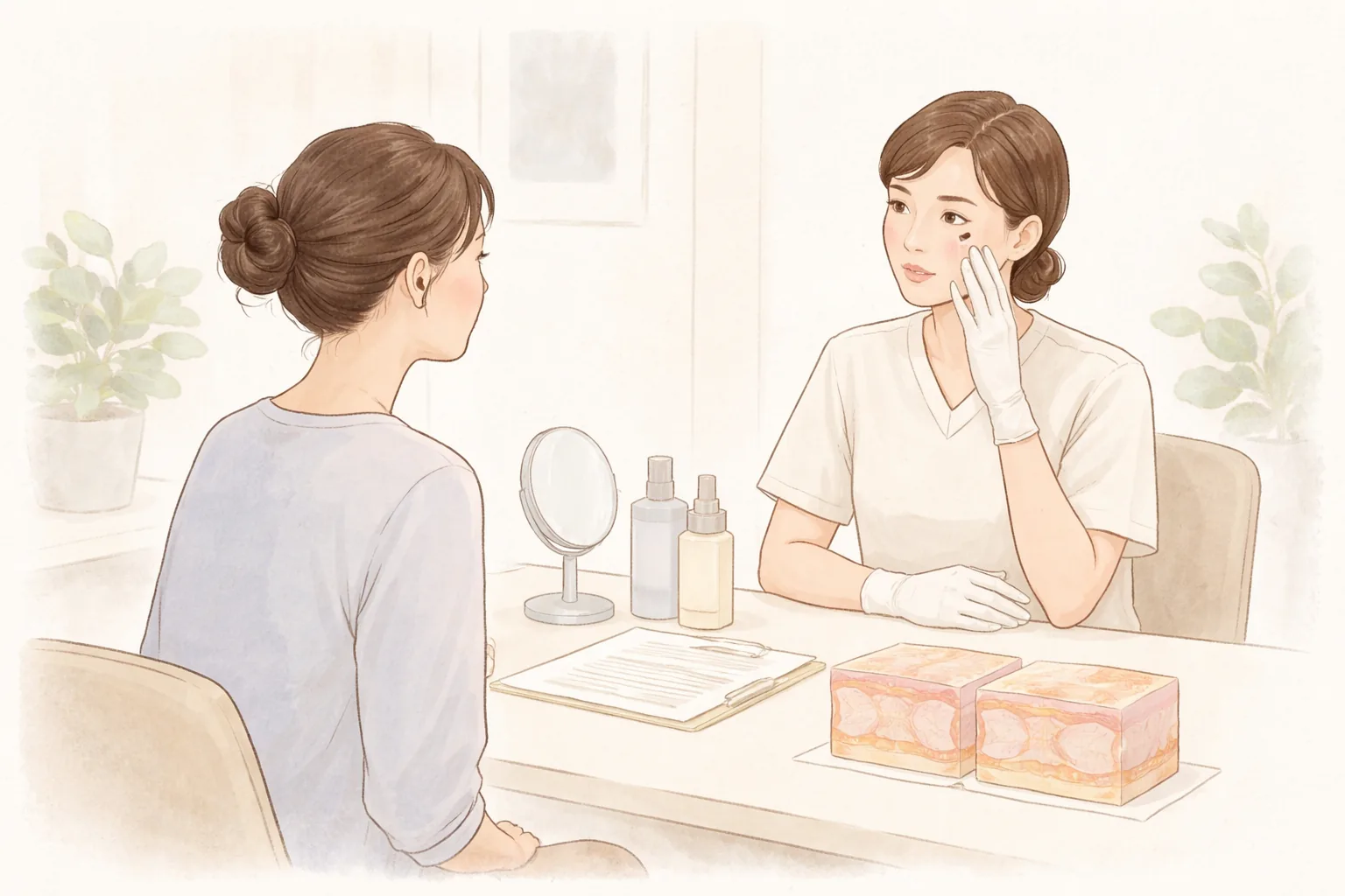 Personal médico señalando la mejilla al otro lado de una mesa y dos mujeres escuchando