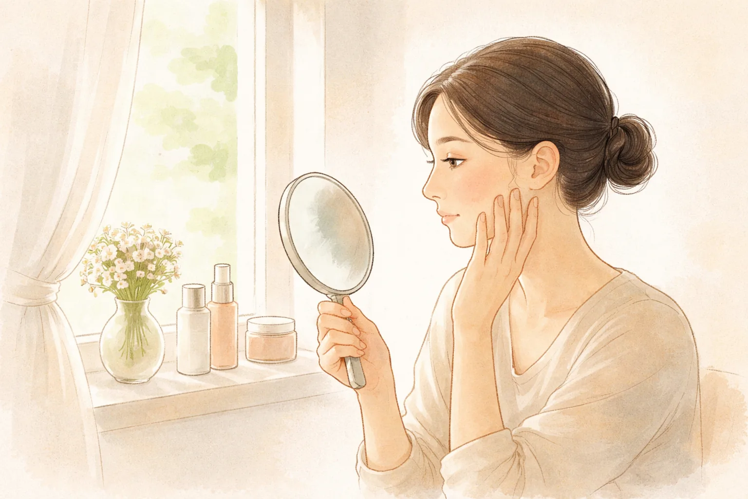 Woman with neat hair checking her face in a mirror beside a vase and cosmetics by a window