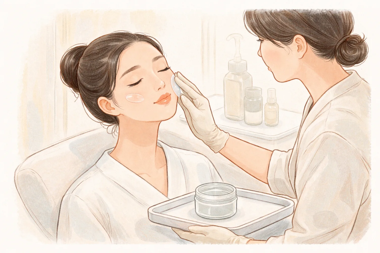 A clinician applying gel to the cheek of a seated woman