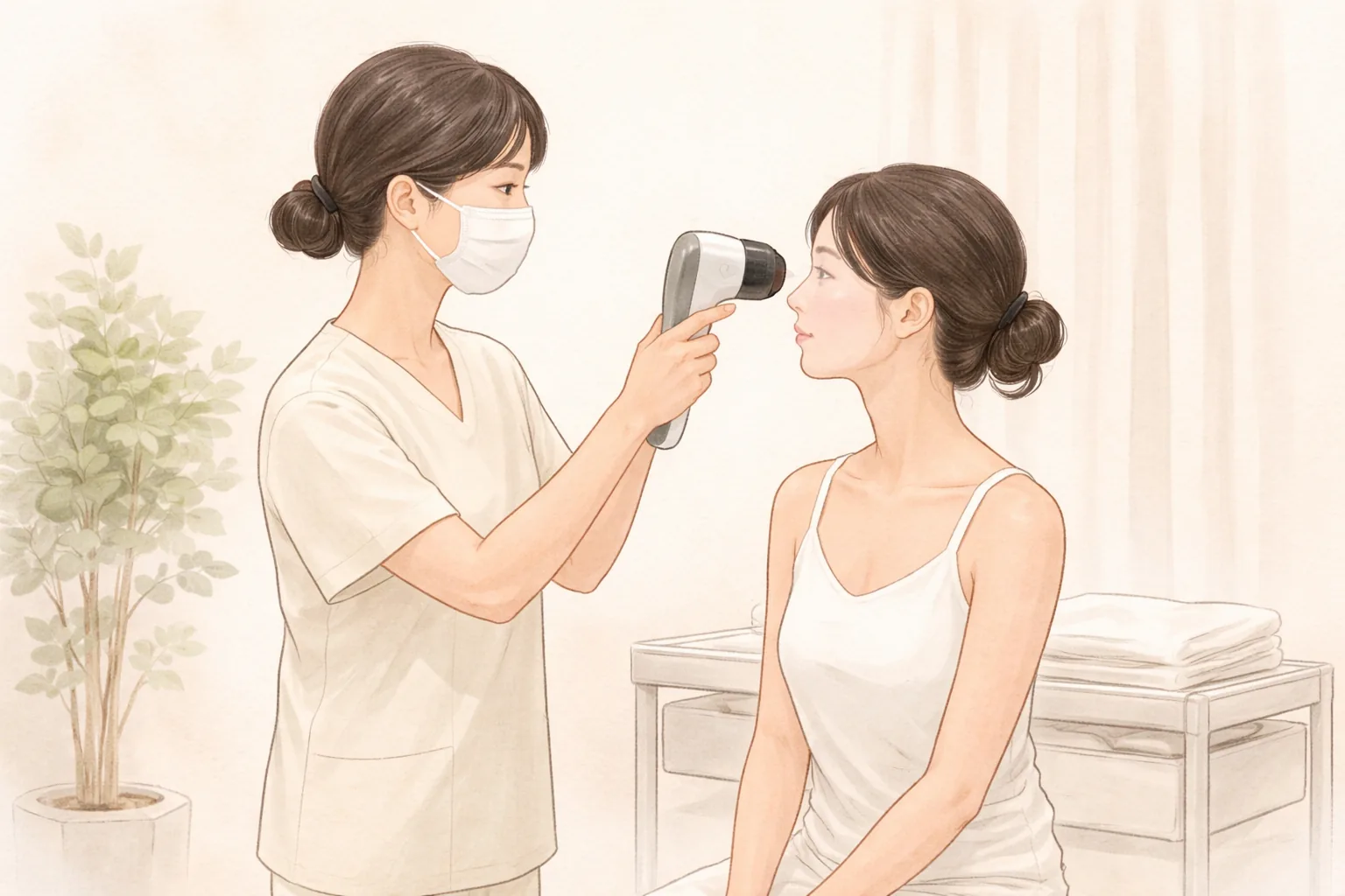 マスク姿のスタッフが女性の顔に皮膚分析カメラを向けている