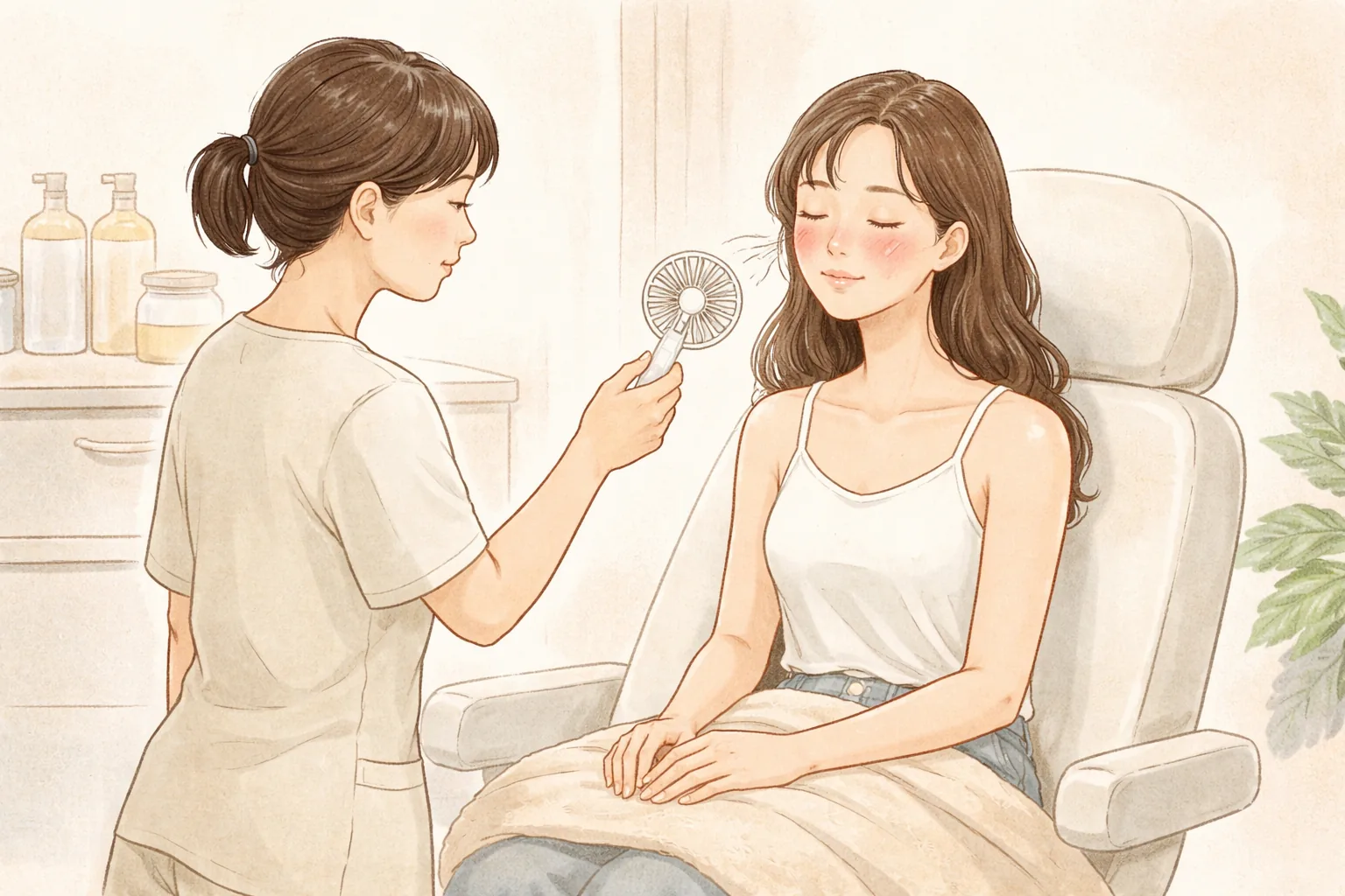 醫療人員拿著小型電風扇靠近坐著的女性臉旁