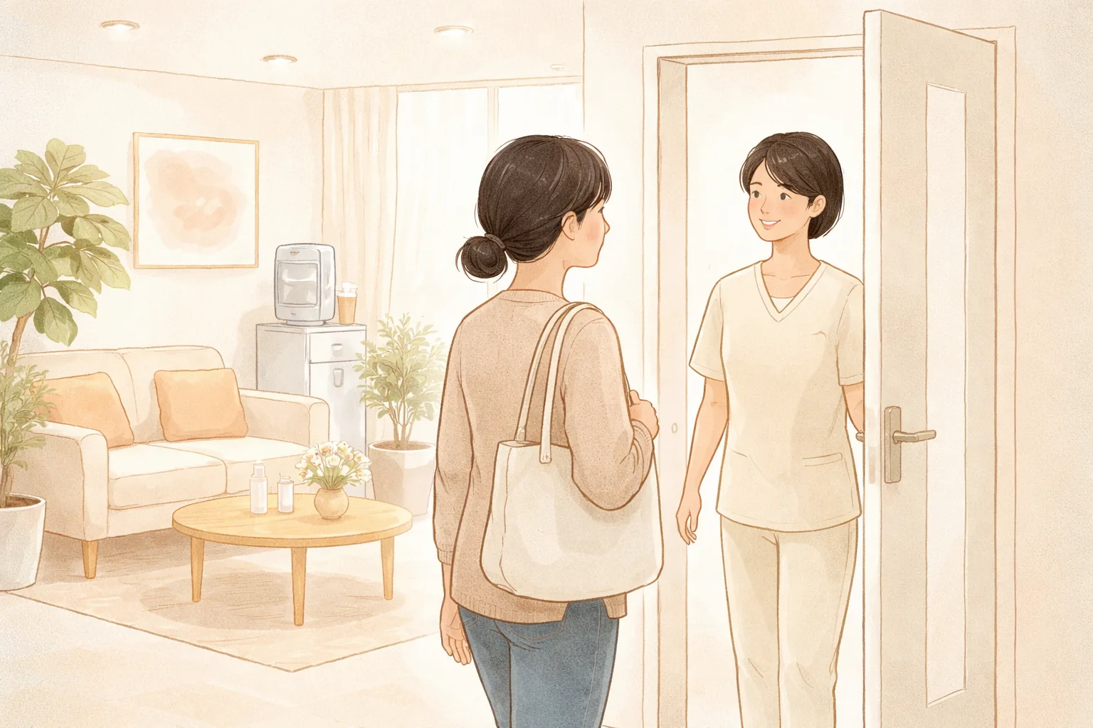 提著包的女性在等候室門邊與醫療人員打招呼