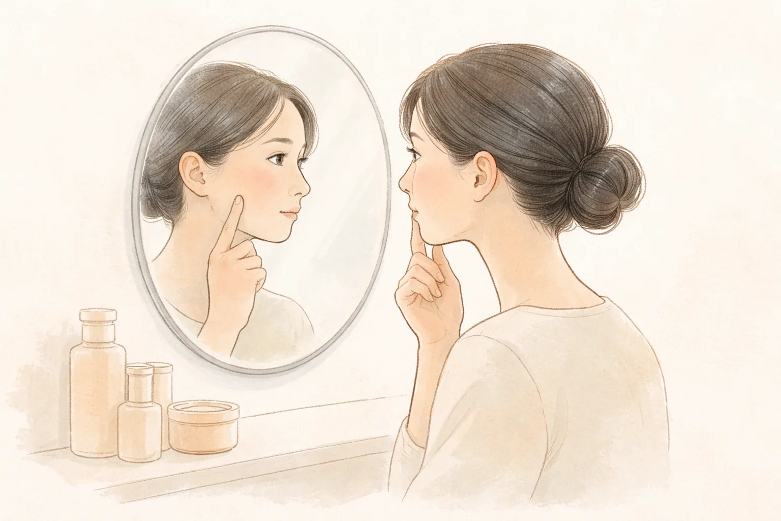 Woman pointing to her cheek with a finger in front of a mirror