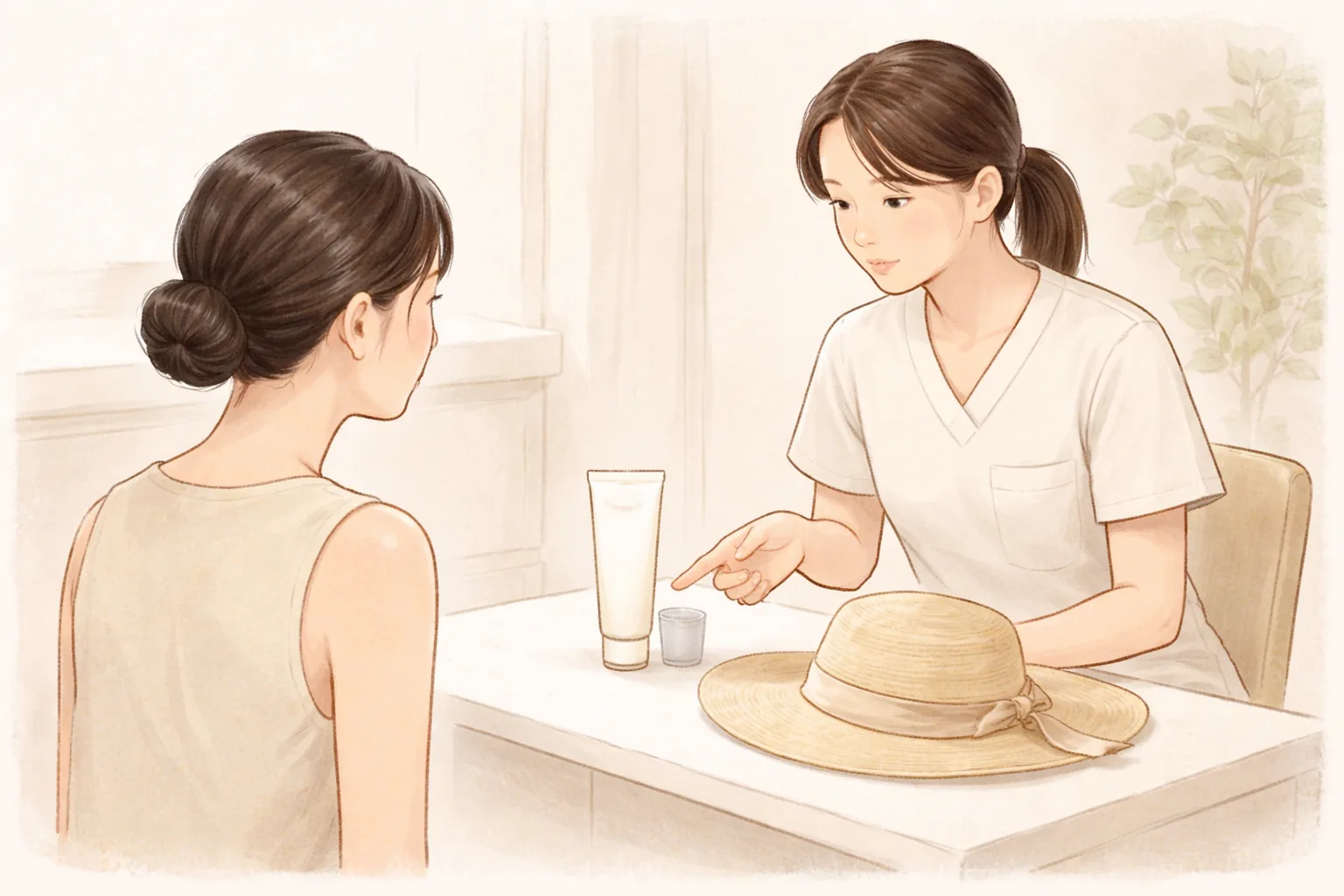 Clinician and woman at a table looking at moisturizer and a wide-brimmed hat