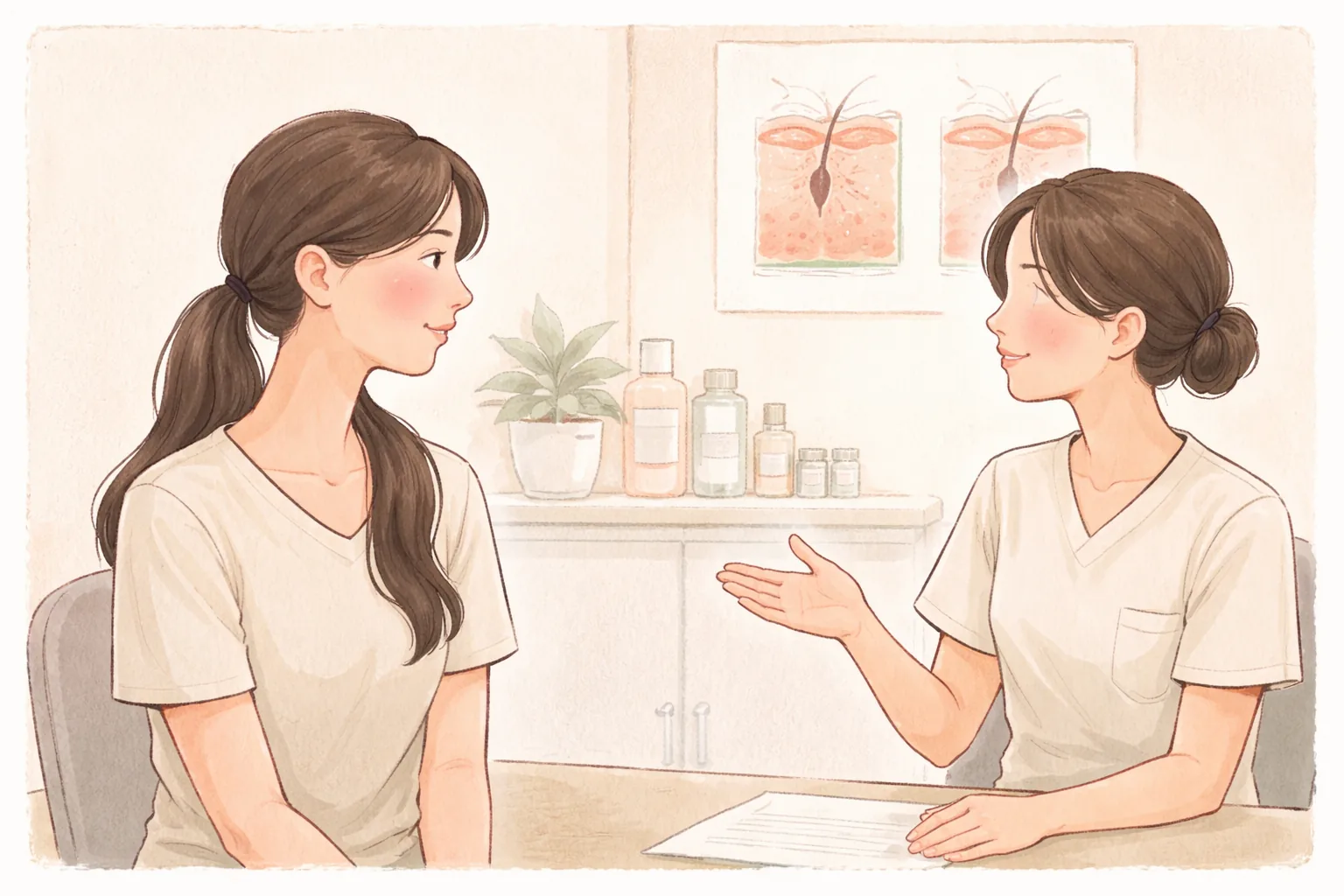 상담실에서 얼굴이 붉어진 여성과 설명하는 의료진 두 명
