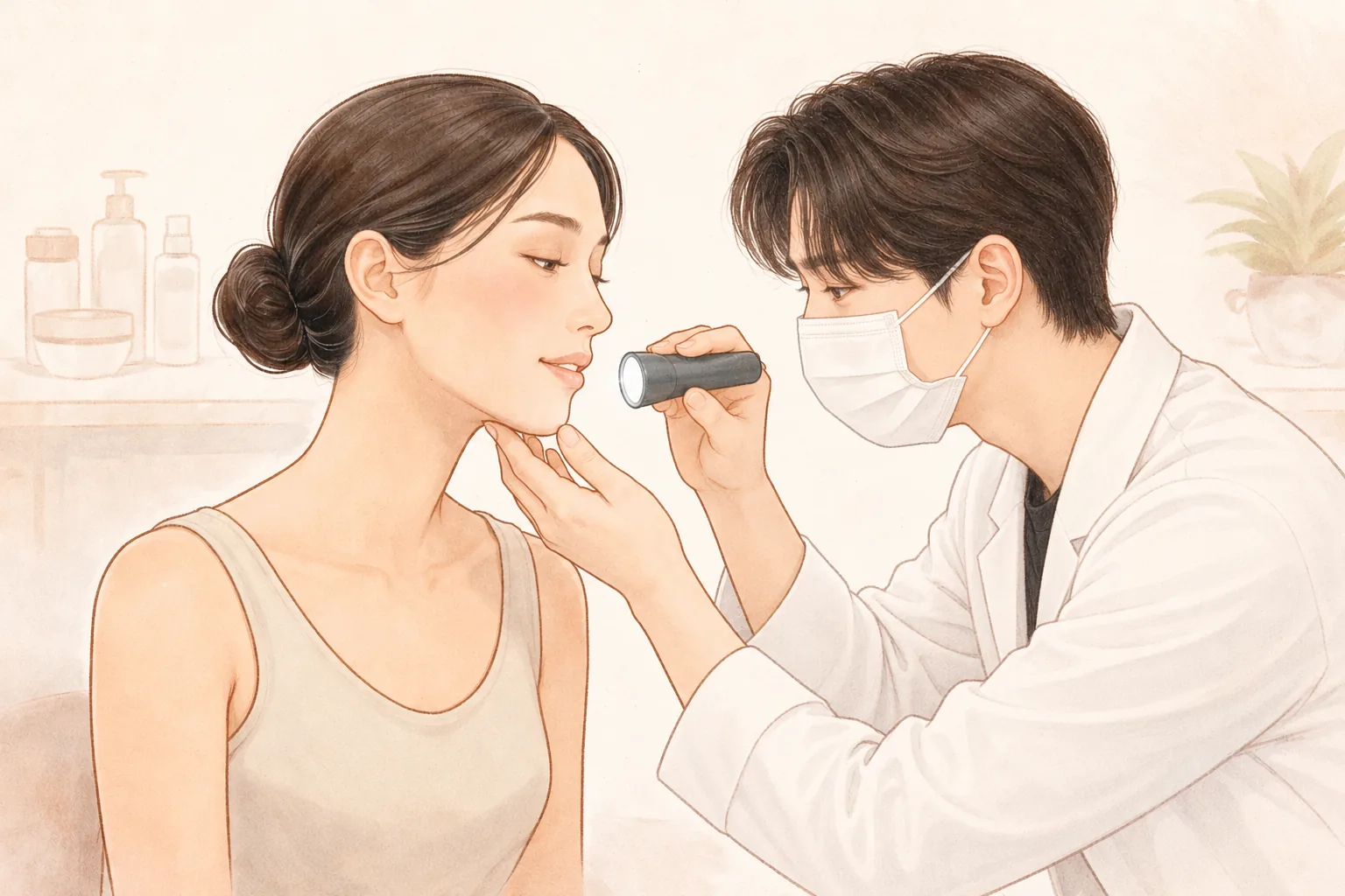 戴口罩的男医务人员用手电筒检查女患者的脸颊