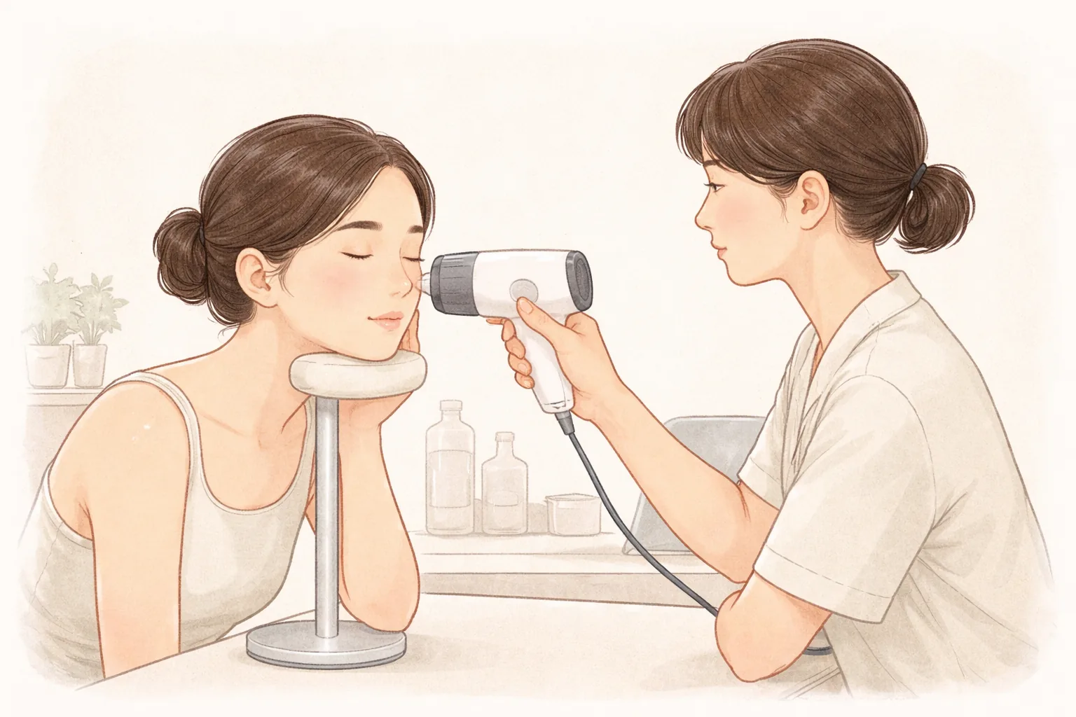 피부 분석 카메라를 여성의 볼 쪽으로 향하게 들고 있는 의료진과 턱받침에 얼굴을 기대고 있는 여성