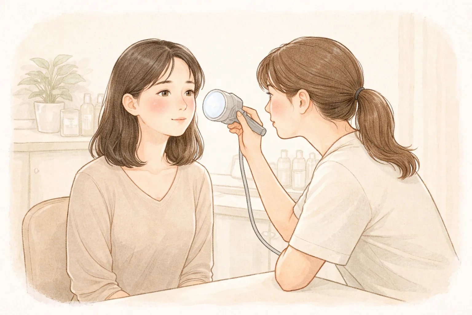 의료진이 작은 조명으로 볼이 붉어진 여성의 피부를 살피고 있음