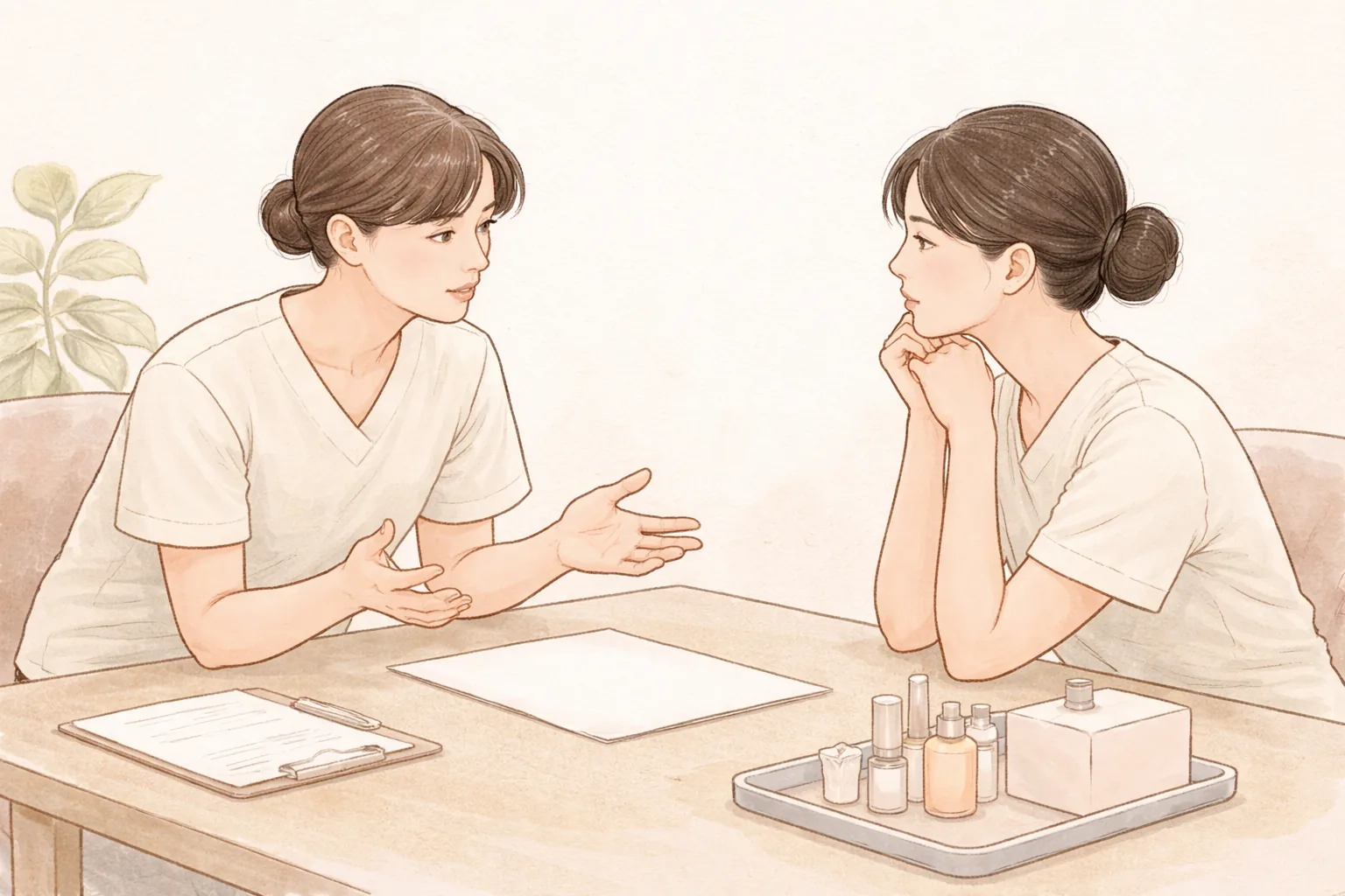カウンセリングテーブルで書類と化粧品を前に話す二人の女性