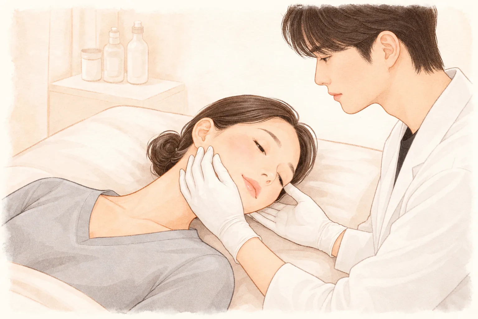 A woman lying on a bed while a gloved man presses her jawline with his hand.