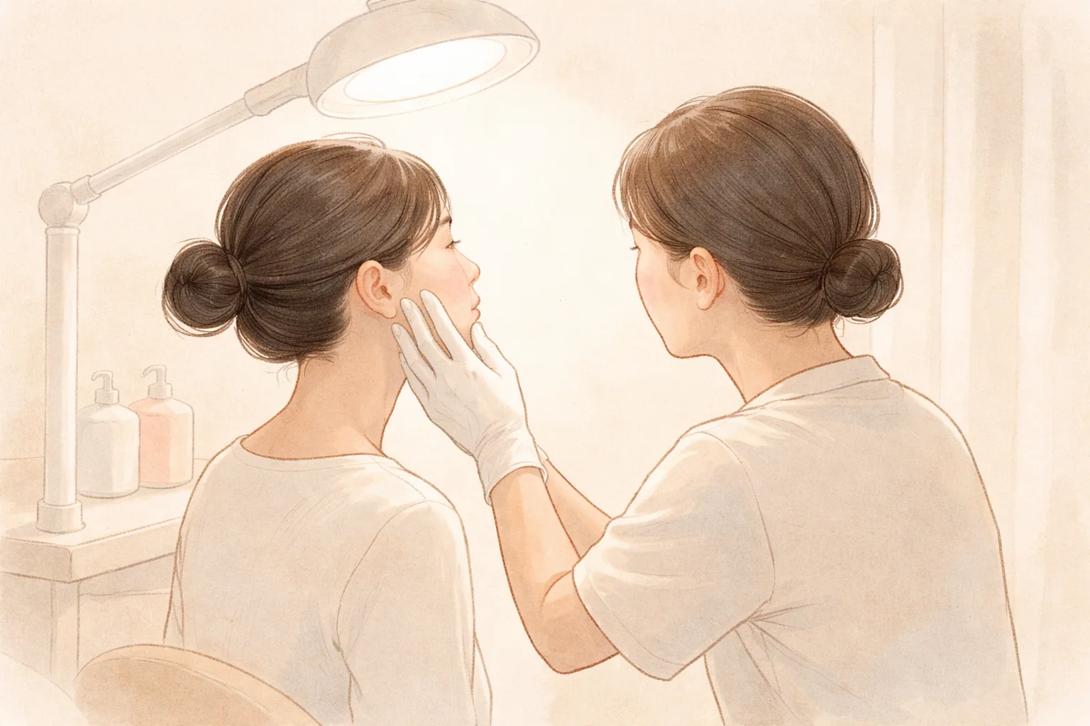 医療スタッフが白い手袋で患者の頬を柔らかな照明の下で診ている様子