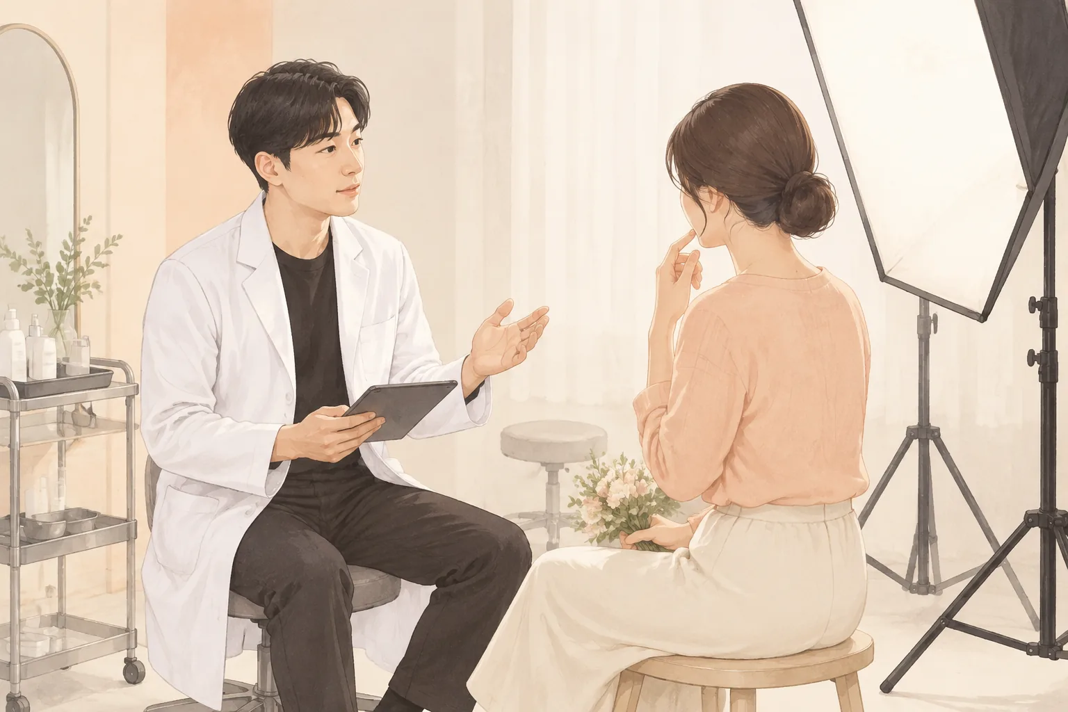 رجل يرتدي زياً طبياً يحمل جهازاً لوحياً ويتحدث مع مريضة