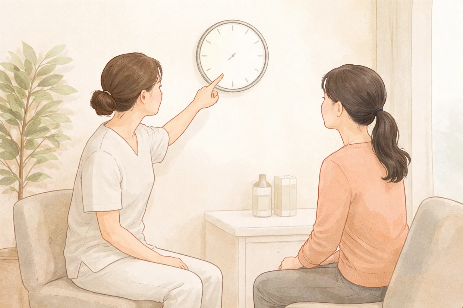 医生指着时钟讲解,两位女性坐在椅子上聆听