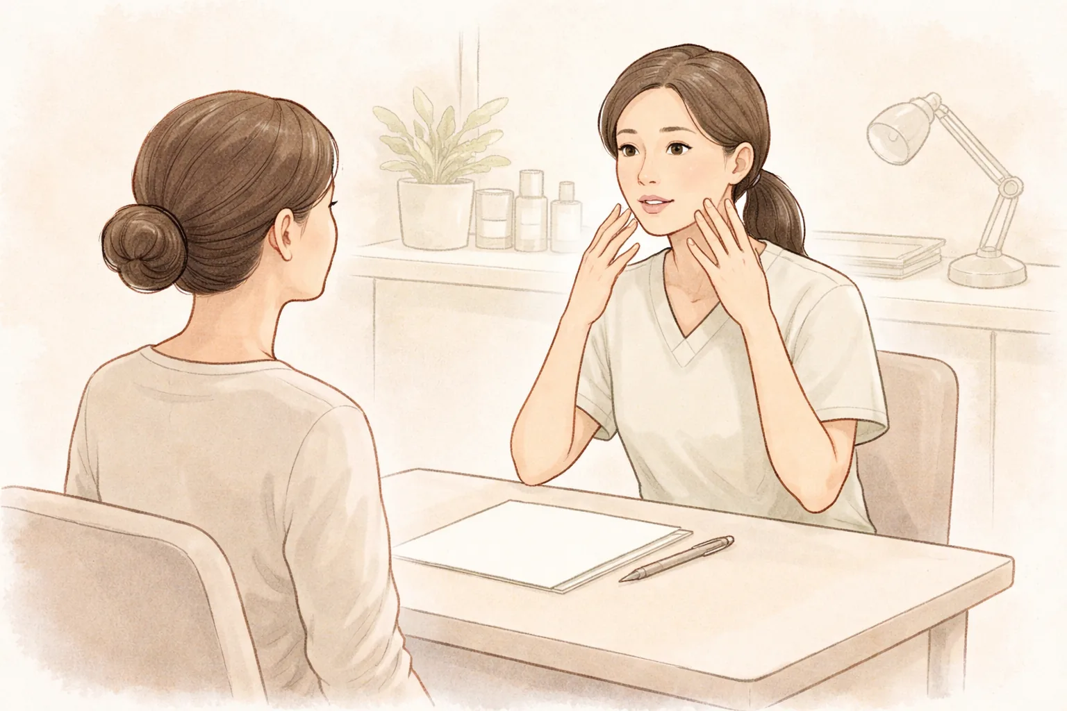 A female clinician at a consultation table pointing to a patient's jawline while explaining