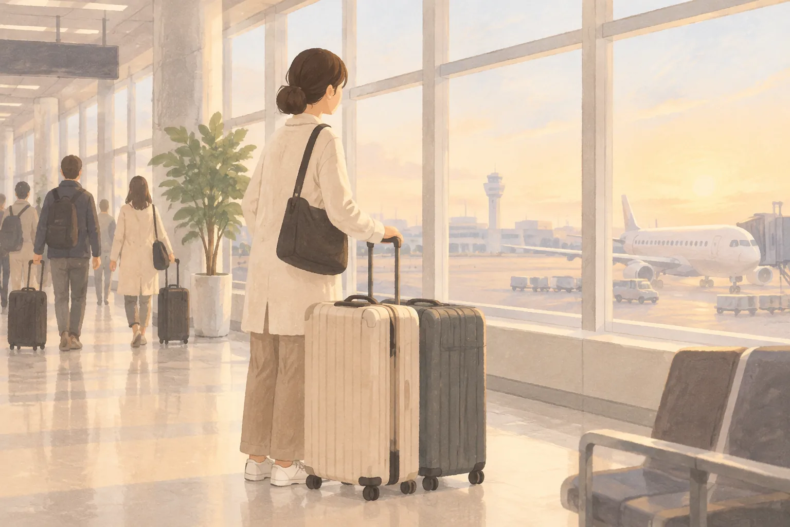 공항 창가에 서서 두 개의 캐리어와 가방을 옆에 둔 여성