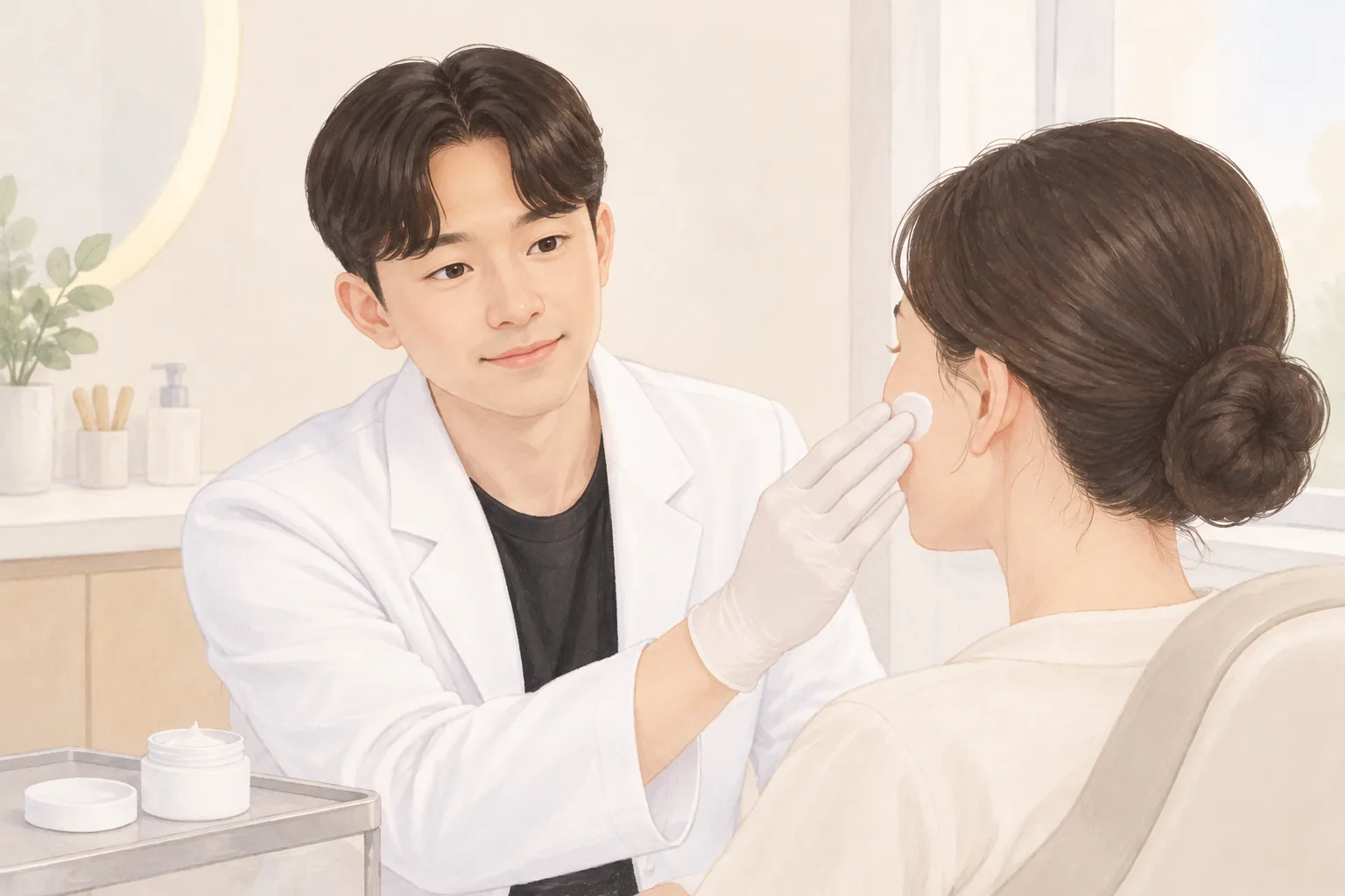 장갑 낀 남성이 여성 얼굴에 보습제를 부드럽게 바름