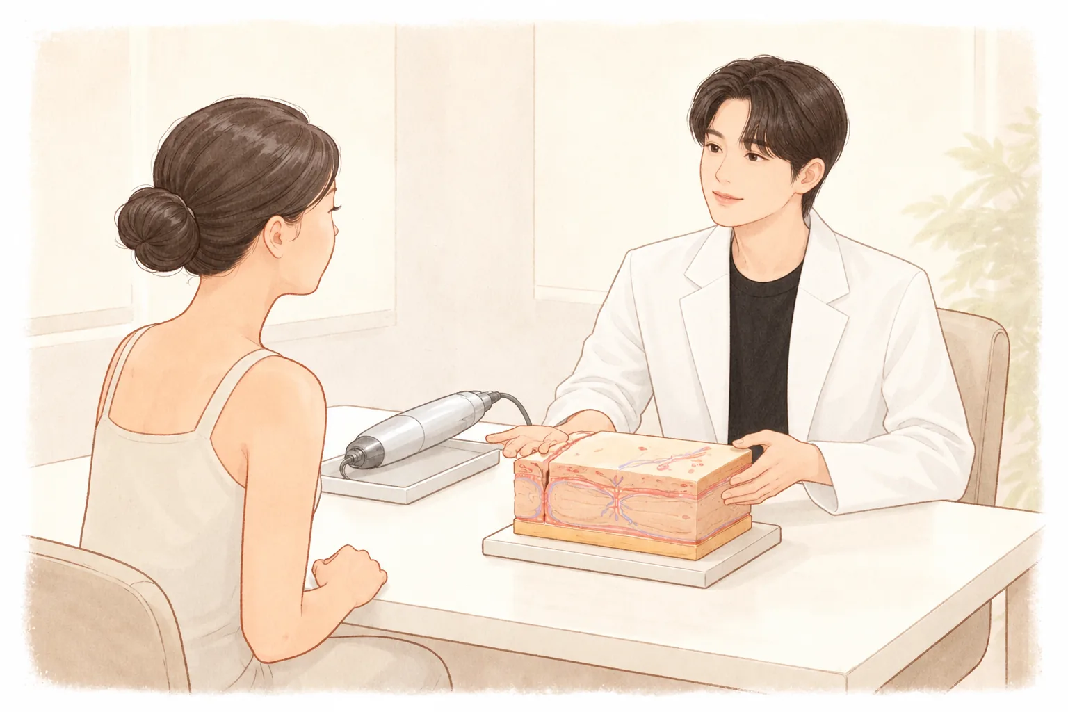 상담 테이블에 앉아 피부 모형을 보며 대화하는 여성과 의료진