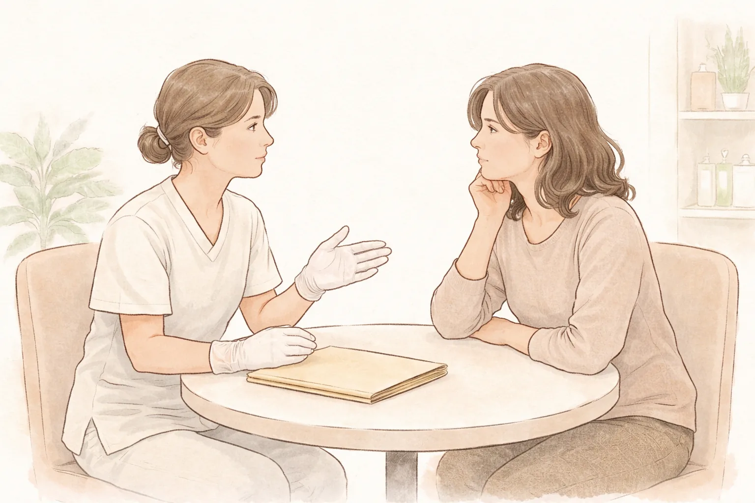 諮詢桌前醫療人員伸手說明，女性專心聆聽
