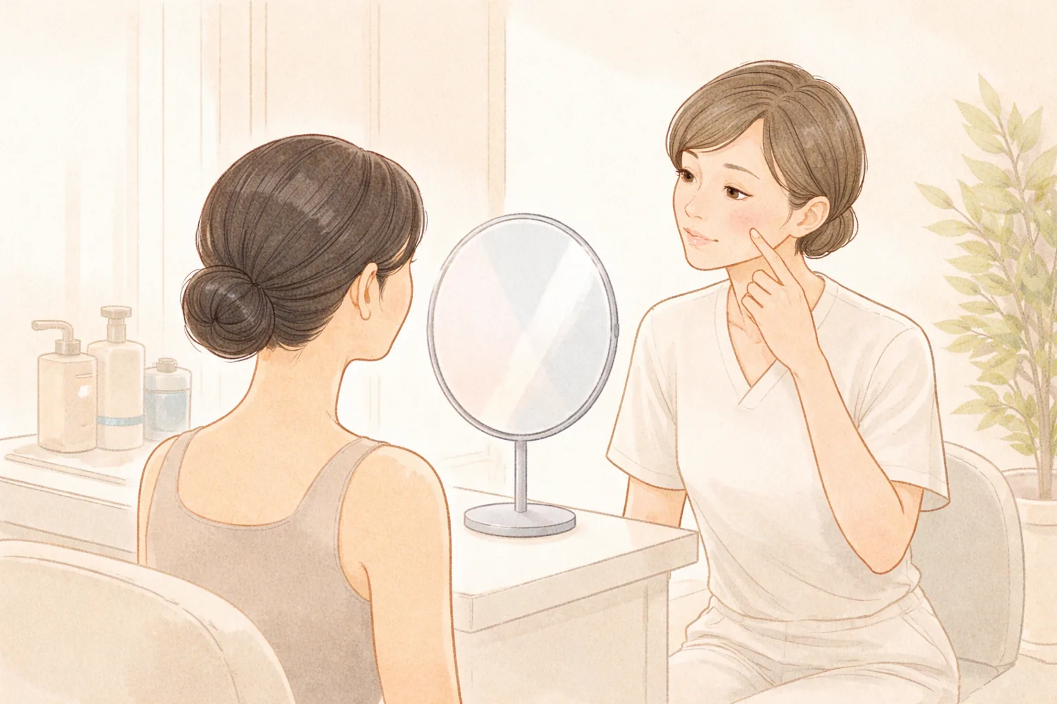 明亮諮詢室裡，醫療人員與坐在鏡前的女性一同指著臉部部位