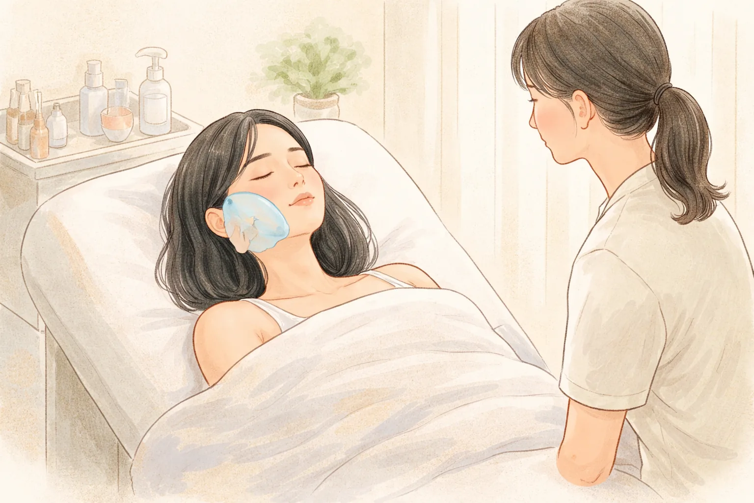 施術台に横たわってほおにジェルパックを乗せた女性と横で見守る人